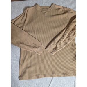 Faded Glory Mens Tan Ribbed Thermal Long Sleeve Shirt Cotton Crew Neck Medium